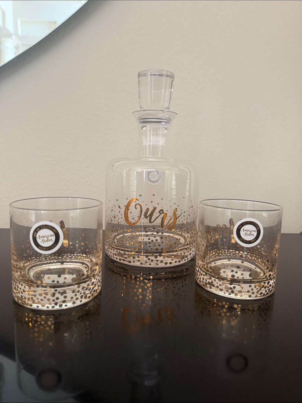 American Atelier Clear Glass Decanter and Tumblers with Gold Dot Accents